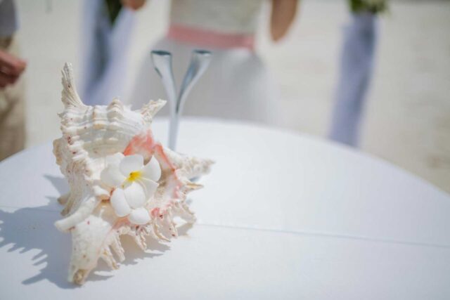 Elegantes Meerjungfrauen-Hochzeitssymbol auf Seychellen-Strand.